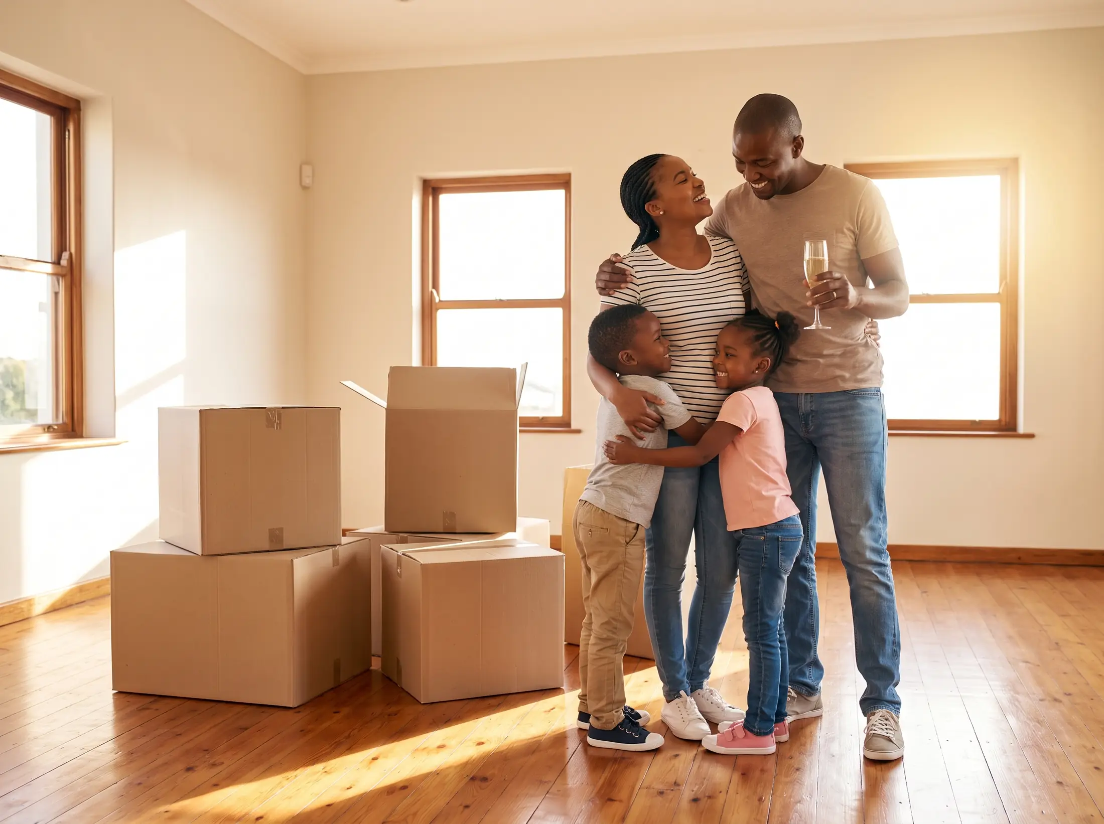 A family celebrating in the empty living room of their new home surrounded by moving boxes