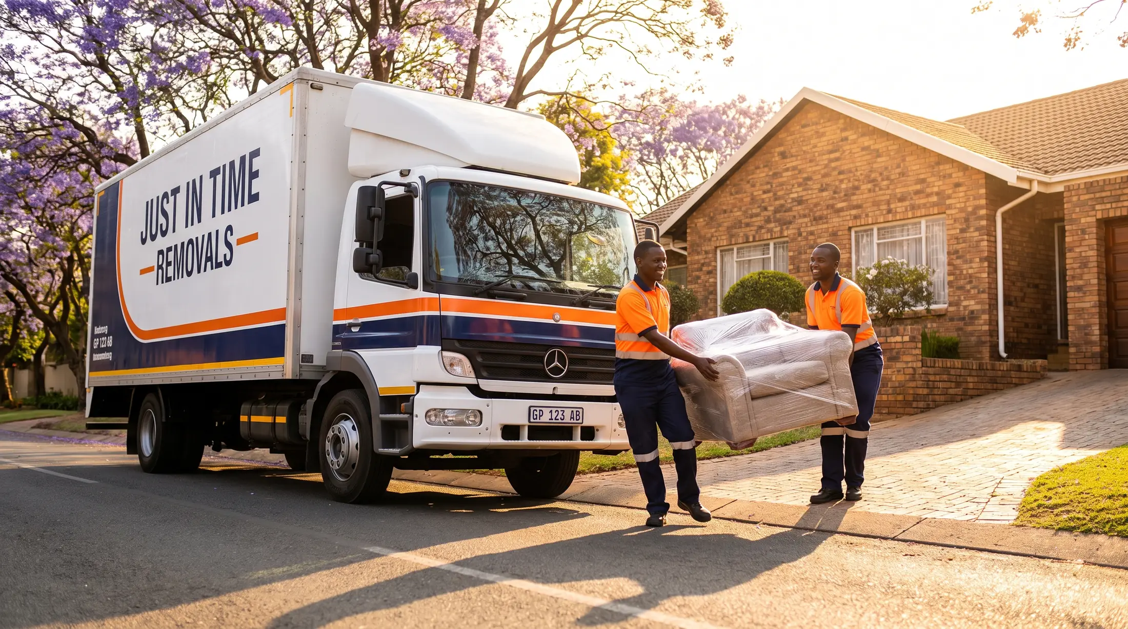 A Just In Time Removals truck parked outside a Johannesburg home while the crew carries wrapped furniture down the driveway