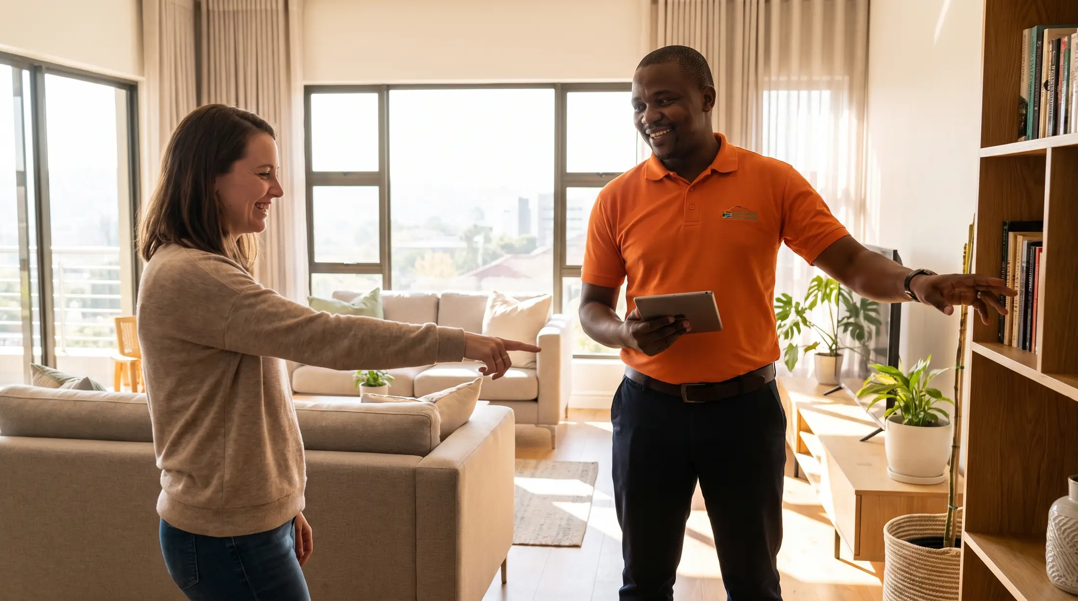 A Just In Time move consultant walking through a client's lounge with a tablet during a free pre-move survey